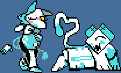 ambiguous_gender anthro blue_body blue_fur blue_hair blush duo electrical_plug_tail eyes_closed female feral fur gesture hair hand_on_belly lying machine on_side one_eye_closed pregnant pregnant_ambiguous pregnant_female pregnant_feral smile smiling_at_viewer tail tail_gesture tail_heart white_body white_fur wink yellow_eyes miner_mate_coffee deltarune undertale_(series) tasque_manager darkner felid mammal robot tasque