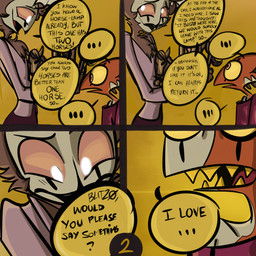 beak black_beak clothing dialogue duo feather_hair feathers furniture furniture_lamp glowing_pupils grey_body grey_feathers horn male markings open_mouth open_smile page_number pseudo_hair red_eyes red_sclera sharp_teeth smile speech_bubble teeth text tongue yellow_sclera yellow_teeth this_colorful_abyss hellaverse helluva_boss blitzo_(helluva_boss) stolas_(helluva_boss) animal_humanoid avian avian_humanoid bird bird_humanoid demon demon_humanoid horned_humanoid humanoid imp owl owl_demon owl_humanoid 1:1 comic hi_res
