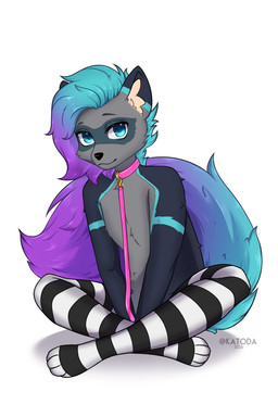 anthro clothing collar femboy footwear gradient_hair gradient_tail hair looking_at_viewer male sitting socks solo katoda mammal procyonid raccoon absurd_res alternate_version_at_source hi_res
