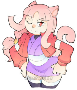 anthro clothing female hair one_eye_closed pink_hair purple_clothing smile solo wink zipskyblue nina_(zipskyblue) felid feline mammal hi_res