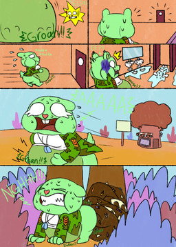 anthro army_uniform bathroom belly big_belly bodily_fluids bone bones_in_feces butt camo clothing disposal dog_tags door feces fur green_body green_fur groaning_belly male male_anthro marquee outside plant poop_desperation pooping pooping_outside rumbling_stomach scat_disposal scut_tail sharp_teeth shirt short_ears short_tail shrub sign sink skull sweat tail teeth thick_thighs topwear tree tree_hollow vore window nikko-kai-cutie happy_tree_friends flippy_(htf) bear mammal 2020 absurd_res comic hi_res