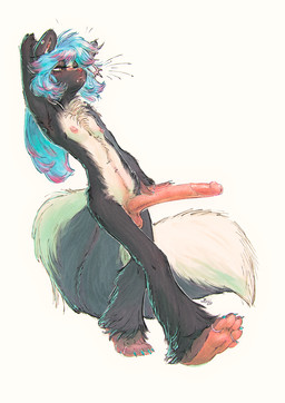 anthro balls belly_piercing big_penis black_body black_fur blue_hair chin_piercing claws ear_piercing erection feet finger_claws fluffy fluffy_tail foreskin fur genitals hair huge_penis humanoid_genitalia humanoid_penis long_penis male neck_tuft nipple_piercing nipples penis piercing simple_background slim_male solo tail toe_claws touching_penis tuft white_body white_fur bunnyshaped korki_(bunnyshaped) mammal mephitid skunk hi_res