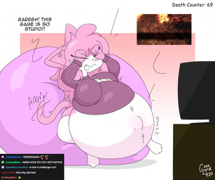 abdominal_bulge angry anthro bean_bag belly big_belly big_breasts blue_eyes breasts chat_box clothing controller countershade_belly countershade_face countershading dialogue electronics fangs female fur game_controller hair huge_belly huge_breasts hyper hyper_belly hyper_pregnancy legwear monitor onomatopoeia pink_body pink_fur pink_hair pregnancy_progression pregnant pregnant_anthro pregnant_female screencap sitting solo sound_effects sweater teeth television text thick_thighs thigh_highs topwear turtleneck twitch_chat white_body white_fur guzzlord420 dark_souls fromsoftware vg_cats aeris_(vg_cats) domestic_cat felid feline felis mammal 2025 digital_drawing_(artwork) digital_media_(artwork) english_text hi_res