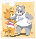 angry anthro belly black_nose blue_nose bottomless butt clothed clothing duo featureless_crotch grey_body humanoid_hands male orange_body overweight overweight_male shirt tank_top text text_on_clothing text_on_shirt text_on_tank_top text_on_topwear topwear tekimi animal_crossing nintendo chief_(animal_crossing) curt_(animal_crossing) bear canid canine canis mammal wolf 2011