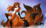 16:10 2017 adobe_photoshop_(artwork) anthro black_body black_fur blue_background blue_eyes breasts canid canine casual_nudity chest_tuft colored conditional_dnp digital_media_(artwork) digitigrade dipstick_tail featureless_breasts female fluffy fluffy_tail fox fur gloves_(marking) gradient_background hi_res keidran laura_(twokinds) leg_markings looking_at_viewer mammal markings multi_tail multicolored_tail nude one_leg_up orange_body orange_fur pose raised_leg red_fox side_view simple_background small_breasts smile socks_(marking) solo tail tail_markings tom_fischbach true_fox tuft twokinds white_body white_fur widescreen