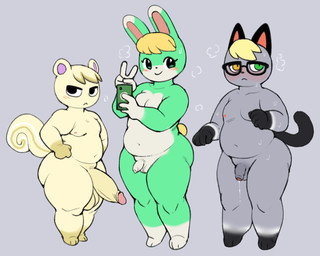anthro balls belly big_balls big_penis black_body black_eyes black_fur black_nose black_tail blonde_hair blush blush_lines bodily_fluids cellphone closed_smile curled_tail darkened_balls darkened_genitalia darkened_penis dipstick_ears dripping ear_markings electronics eyelashes eyewear flaccid foreskin fur genital_fluids genitals gesture glasses green_body green_ears green_eyes green_fur grey_body grey_fur group hair hand_gesture heterochromia humanoid_genitalia humanoid_penis leaking_precum long_ears long_tail male micropenis mouth_closed multicolored_body multicolored_ears multicolored_fur nipples noseless nude penis phone pink_inner_ear pink_nipples precum precum_drip purple_inner_ear scut_tail short_hair short_tail size_difference slightly_chubby slightly_chubby_male small_balls small_penis smartphone smile sweat sweatdrop tail thick_thighs trio two_tone_body two_tone_fur unretracted_foreskin v_sign white_body white_ears white_fur yellow_eyes pururing animal_crossing nintendo marshal_(animal_crossing) raymond_(animal_crossing) sasha_(animal_crossing) domestic_cat felid feline felis lagomorph leporid mammal rabbit rodent sciurid tree_squirrel hi_res