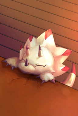 anthro bite claws eyes_closed floor furniture hands_on_table horn male short solo table tail white_body wood wood_floor oko_konoko2 bandai_namco digimon digimon_(species) gammamon hi_res