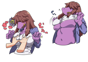 ambiguous_gender anthro big_breasts blush breast_grab breast_squish breasts brown_hair clothed clothing clothing_lift covered_eyes disembodied_hand duo embarrassed female glistening glistening_breasts hair hair_over_eyes hand_on_breast navel nipple_outline nipples non-mammal_breasts non-mammal_hair non-mammal_navel non-mammal_nipples purple_body shirt shirt_lift simple_background squish text topwear under_boob undressing teramegagiga deltarune undertale_(series) susie_(deltarune) japanese_text translation_request