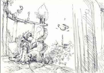 ambiguous_gender anthro bottomwear clothed clothing detailed_background outside pants planet plant shirt sitting solo topwear tree mr_dog canid canine mammal archived_source