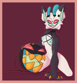 antennae_(anatomy) anthro athletic athletic_female blush bound breasts chain chained chainmutt choker claws clothing collar ear_piercing ear_tuft ears_front female fluffy glowing glowing_eyes holding_object inner_ear_fluff jewelry looking_at_viewer narrowed_eyes necklace piercing sharp_teeth slim small_breasts small_waist smile solo spread_legs spreading teeth thick_thighs topwear tuft sleeplesskiwi alien absurd_res colored detailed hi_res shaded