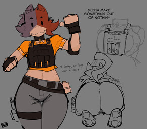 anthro belt big_butt black_eyes black_text blue_bottomwear blue_clothing blue_jeans blue_pants bottomwear bulletproof_vest butt calico_pattern clothed clothed_anthro clothed_female clothing denim denim_bottomwear denim_clothing dot_eyes female female_anthro fingerless_gloves fingers front_view fur gloves grey_background grey_text handwear huge_butt jeans mouth_closed multicolored_body multicolored_fur orange_clothing orange_shirt orange_topwear pants pawpads shirt simple_background simple_eyes smile solo tail text thigh_gap thigh_strap topwear woomi_e epic_games fortnite cate_meowdy calico_cat domestic_cat felid feline felis mammal 2025 digital_media_(artwork) english_description english_text hi_res portrait three-quarter_portrait