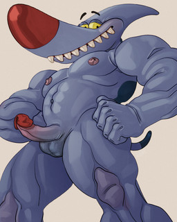 abs anthro balls big_nose black_eyebrows erection eyebrows fin genitals glans grey_body grey_skin long_muzzle looking_at_viewer low-angle_view male markings muscular muscular_arms muscular_legs muscular_male nipples pecs penis pose purple_nipples red_glans red_nose shark_teeth sharp_teeth short_tail simple_background small_balls small_penis small_tail smile smiling_at_viewer solo spots spotted_body spotted_skin standing tail teeth yellow_eyes ravuer eek!_the_cat fox_kids nelvana sharky_(eek!_the_cat) canid canine canis domestic_dog hybrid mammal 4:5 absurd_res hi_res