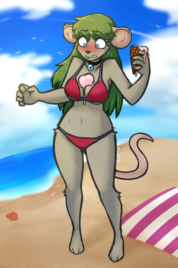 3_toes 5_fingers anthro beach bikini biped blush breasts clothed clothed_anthro clothed_female clothing cloud day dessert eyebrow_through_hair eyebrows eyelashes feet female fingers food front_view fur green_hair hair holding_food holding_ice_cream_cone holding_object ice_cream ice_cream_cone ice_cream_on_breasts jewelry looking_down looking_down_at_self navel necklace outside red_bikini red_clothing red_swimwear sand sea seashell shell sky solo standing swimwear tail teeth toes translucent translucent_hair two-piece_swimsuit water mewgle katie_tinson mammal mouse murid murine rodent 2026 dated digital_drawing_(artwork) digital_media_(artwork) hi_res signature