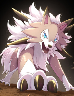 3_toes ambiguous_feral ambiguous_gender black_claws black_ear_tips black_ears black_nose blue_eyes cheek_tuft claws digitigrade dipstick_ears dirt ear_markings facial_tuft fangs feet feral fur looking_at_viewer low-angle_view mane markings multicolored_body multicolored_ears multicolored_fur open_mouth pink_inner_ear pointy_ears prick_ears pupils quadruped snout solo tail tan_body tan_ears tan_fur teeth toe_claws toes tuft two_tone_ears white_body white_fur white_mane white_tail rumine nintendo pokemon canid canine generation_7_pokemon lycanroc mammal midday_lycanroc pokemon_(species) 2026 hi_res shaded