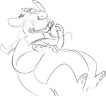 anthro belly big_belly blush blush_lines duo eyes_closed feral hand_on_another's_head hand_on_head hug lying on_back size_difference raster_dreams nintendo pokemon raster_dreams_(character) generation_2_pokemon pokemon_(species) typhlosion 2022 monochrome