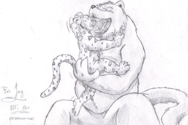 anthro belly duo forced fur imminent_oral_vore imminent_vore larger_pred long_tail looking_into_mouth male male/male nude nude_male nude_pred open_mouth oral_vore simple_background size_difference tail teeth text unwilling_prey vore white_background willing_pred bigbadbear anthrocon big_bad_bear felid jaguar mammal pantherine 2013 character_name
