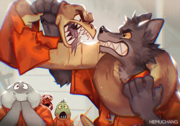 anthro feral fight group male prison_uniform hemuchang dreamworks the_bad_guys mr._piranha_(the_bad_guys) mr._shark_(the_bad_guys) mr._snake_(the_bad_guys) mr._wolf_(the_bad_guys) ms._tarantula_(the_bad_guys) aquatic arachnid arthropod canid canine canis characiform fish mammal piranha_(fish) reptile scalie serrasalmid shark snake spider wolf 2022 hi_res