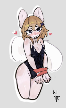 anthro blush breasts brown_hair cleavage clothed clothing female hair headgear headwear logo open_mouth pink_body playboy_bunny solo tail kennymlgb25 canid canine fox mammal 2025 hi_res