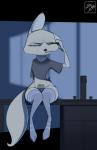 anthro biped bottomless clothed clothing convenient_censorship cutlery eating female food footwear kitchen_utensils legwear midriff mouth_hold navel one_eye_closed peanut_butter shirt sink sitting socks solo spoon t-shirt thigh_highs thigh_socks tools topwear wide_hips yitexity disney zootopia skye_(zootopia) arctic_fox canid canine fox mammal true_fox 2018 hi_res