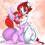 anthro areola blue_eyes blush breast_size_difference breasts duo female female/female freckles green_eyes hair heart_symbol hug kneeling nipples nude pawpads ponytail red_hair tail tail_tuft tattoo tuft pocketmew maya_white felid lion mammal pantherine rodent sciurid tree_squirrel