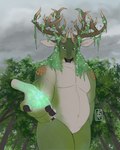 anthro antlers celtic_knot green_body horn looking_at_viewer macro magic male moss plant reaching_towards_viewer solo tree palehorntea deer mammal 2024 4:5 hi_res