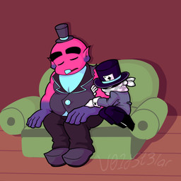 clothed clothing duo fully_clothed furniture hat headgear headwear holding_arm hugging_arm kerchief male male/male neckerchief neckwear obscured_face simple_background size_difference sleeping sofa toony top_hat v01dst3lar undertale_yellow ace_(undertale_yellow) ed_(undertale_yellow) ambiguous_species humanoid monster ogre 1:1 hi_res shaded simple_shading