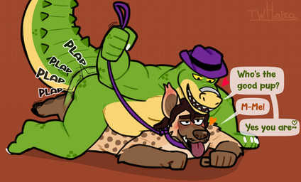 anthro brown_body clothing collar dialogue duo from_behind_position green_body hat headgear headwear leash leash_pull lying male male/male prone_bone_position sex slightly_chubby speed_bump_position text tongue tongue_out haira brok_the_investigator cowcat_games alex_yeena brok_(brok_the_investigator) fan_character alligator alligatorid crocodilian hyena mammal reptile scalie 2026 english_text hi_res