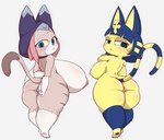 anthro big_breasts blush breast_size_difference breasts butt crossed_arms duo eyebrows feet female frown huge_breasts looking_at_viewer nipples nude raised_eyebrow rear_view short_stack simple_background tail white_background mossyartburger animal_crossing capcom monster_hunter monster_hunter_stories_2:_wings_of_ruin nintendo ankha_(animal_crossing) tsukino_(monster_hunter_stories) domestic_cat felid feline felis felyne lynian mammal hi_res