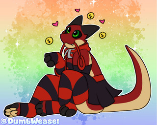 anthro arm_warmers armwear belly black_sclera bottomwear clothed clothing collar crossdressing heart_symbol leash leashed_collar legwear looking_up male pawpads paws red_body sitting sitting_on_ground skirt solo tail tan_belly thigh_highs weaseldumb stonescales kobold lizard reptile scalie 5:4 hi_res