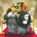 anthro black_nose blue_eyes bottomwear brown_body brown_fur clothing duo fur green_eyes humanoid_hands kemono male necktie overweight overweight_male pants shirt suit topwear rockmai3 sengoku_puzzle shadow_ieyasu tokugawa_ieyasu canid canine mammal raccoon_dog tanuki 1:1 2023