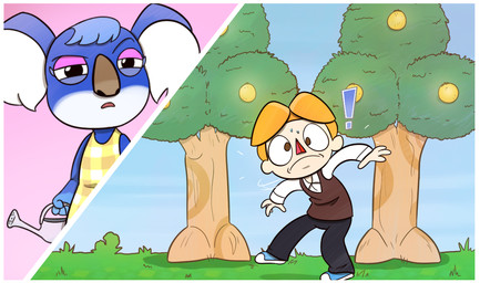2_panel_comic 4_fingers anthro bent_leg big_nose black_bottomwear black_clothing black_eyes black_pants blue_body blue_clothing blue_eyelashes blue_footwear blue_fur blue_hair blue_shoes blue_sky bodily_fluids bottomwear brown_clothing brown_eyes brown_nose brown_topwear brown_vest clothed clothed_anthro clothed_female clothed_human clothed_male clothing confusion day dress duo exclamation_point eyelashes female female_anthro fingers food footwear frown frowning_at_viewer fruit fully_clothed fully_clothed_human fully_clothed_male fur grass hair holding_object holding_watering_can light looking_at_viewer male male_human multicolored_body multicolored_fur narrowed_eyes nervous nervous_sweat on_one_leg open_frown open_mouth orange_hair outside pants pattern_clothing pattern_dress pink_hair plaid plaid_clothing plaid_dress plant purple_eyelids red_mouth red_nose shoes short_hair sky squint standing sweat tan_body tan_skin thin_eyebrows topwear tree two_tone_body two_tone_fur vest walking watering_can white_body white_dress_shirt white_fur white_inner_ear worried_look yellow_clothing yellow_dress cookieboy011 animal_crossing nintendo villager_(animal_crossing) yuka_(animal_crossing) human koala mammal marsupial vombatiform 2020 colored comic digital_media_(artwork) english_description lighting shaded story story_in_description