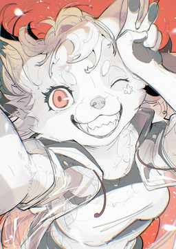 5_fingers anthro black_pawpads claws clothed clothed_anthro clothed_female clothing eyebrows fangs female finger_claws fingerpads fingers fur gesture hair hand_gesture high-angle_view inner_ear_fluff looking_at_viewer one_eye_closed open_mouth open_smile pawpads pupils raised_arm red_background red_eyes ringed_iris shirt simple_background smile smiling_at_viewer solo teeth toothy_grin topwear translucent translucent_clothing translucent_topwear tuft v_sign white_body white_clothing white_eyebrows white_eyes white_fur white_hair white_inner_ear_fluff white_shirt white_topwear wink winking_at_viewer chiayeeee felid mammal 2024 bust_portrait chromatic_aberration digital_drawing_(artwork) digital_media_(artwork) hi_res portrait