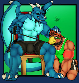 anthro anthro_on_anthro beak biceps big_muscles black_sclera bulge chair claws clothed clothing collar dominant dominant_male duo fangs furniture grin holding_leash holding_object interspecies kneeling leash leash_pull male male/male muscular muscular_male muscular_thighs quads shirt smile submissive submissive_male tail tank_top teeth topless topwear wings jerkcentral mythology avian bird dragon falcon falconid mythological_creature mythological_scalie scalie 2015 alpha_channel signature