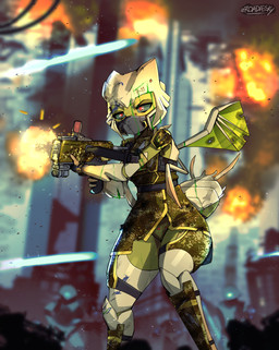 barely_visible_genitalia barely_visible_vulva blood bodily_fluids bottomless camo camo_clothing camo_print clothed clothing colored_blood female fingers genitals green_blood green_body holding_object holding_weapon legwear pattern_clothing red_eyes shooting topwear unusual_blood unusual_bodily_fluids vulva weapon wings roadiesky helldivers alien arthropod insect terminid 2025 absurd_res hi_res