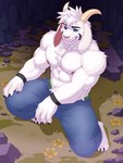 anthro black_sclera blue_eyes bottomwear bulge clothing facial_markings fur head_markings horn looking_at_viewer male markings muscular muscular_anthro muscular_male pants smile smiling_at_viewer solo underwear white_body white_fur vaggo deltarune undertale undertale_(series) asriel_dreemurr_(god_form) bovid caprine goat humanoid mammal monster 3:4 digital_media_(artwork) hi_res