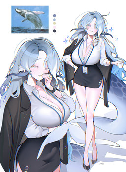 big_breasts black_sclera blue_eyes blue_hair blush breasts cleavage clothed clothing female hair highlights_(coloring) huge_breasts humanoidized identification lanyard long_hair multicolored_hair office_clothing real simple_background solo tail tall text thick_thighs white_highlights wide_hips 7h4ze animal_humanoid aquatic aquatic_humanoid baleen_whale baleen_whale_humanoid blue_whale blue_whale_humanoid cetacean cetacean_humanoid humanoid mammal whale whale_humanoid absurd_res hi_res signature