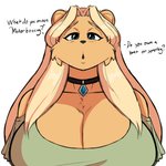 1:1 amara_(jwinkz) anthro bear big_breasts blonde_hair blue_eyes breasts cheek_tuft choker cleavage clothed clothing dialogue english_text facial_tuft female hair hi_res huge_breasts jewelry jwinkz mammal necklace oblivious offscreen_character solo talking_to_viewer text tuft