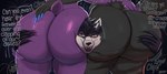 anthro between_butts big_butt biped black_body black_fur black_hair butt butt_grab dialogue female fireworks fur hair hand_on_butt huge_butt huge_nails long_nails open_mouth pupils text thick_thighs blazethefox pyredaemos lacy_(blazethefox) squigga timblackfox_(character) canid canine mammal 2024 hi_res