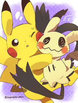 ambiguous_gender black_eyes bodily_fluids dipstick_ears disguise dotted_background duo ear_markings featureless_crotch feral flying_sweatdrops front_view markings multicolored_ears one_eye_closed open_mouth pattern_background purple_background red_cheeks simple_background sweat sweatdrop text yellow_body nokosansan nintendo pokemon generation_1_pokemon generation_7_pokemon mimikyu pikachu pokemon_(species) 2022 artist_name digital_media_(artwork)