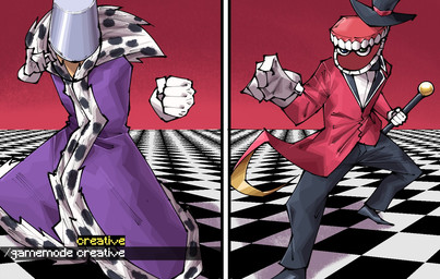 anime_reference anthro black_bottomwear black_clothing black_footwear black_shoes black_top_hat bottomwear bucket_hat cane chess_board clenched_hands clothed clothing duo fight floating_eyes floating_hands footwear for_a_head fur_trim gloves handwear hat headgear headwear holding_cane holding_object imminent_fight king_(chess) male pose purple_clothing purple_robe red_background red_clothing red_suit robe shoes simple_background suit top_hat video_game_reference white_clothing white_gloves white_handwear cloudiel glitch_productions jujutsu_kaisen microsoft minecraft mojang the_amazing_digital_circus xbox_game_studios caine_(tadc) kinger_(tadc) animate_inanimate digital_creature humanoid living_chess_piece living_toy mouth_creature object_head tooth_creature
