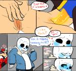 bed blush bodily_fluids bone clothed clothed_sex clothing dialogue erection exclamation_point female furniture genitals group heart_symbol magic magic_penis male male/female not_furry penis sex skeleton sweat text nsfwshamecave undertale undertale_(series) frisk_(undertale) papyrus_(undertale) sans_(undertale) animated_skeleton human mammal undead comic english_text