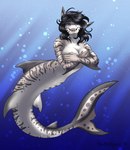 2018 anthro big_breasts black_hair breasts cleavage clothed clothing dated fangs female fish glistening glistening_eyes hair hi_res marine markings mershark nude open_mouth purple_eyes red_tongue shark signature solo spots spotted_arms spotted_markings spotted_tail striped_arms striped_markings striped_tail stripes tail tail_markings tan_body teeth tiggybloom tongue underwater water white_body