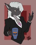 anthro beverage big_breasts breasts colored_nails ear_piercing electronics herm intersex lipstick looking_at_object makeup nails office_clothing office_lady phone piercing solo working insane_lizard_vel fish marine shark hi_res