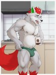 5_fingers anthro areola barazoku beverage biped bulge clothed clothed_anthro clothed_male clothing coffee eyebrows fingers fur green_clothing green_underwear grey_body grey_fur hair humanoid_hands kemono kitchen male muscular muscular_anthro muscular_male nipples pecs red_hair short_hair solo standing tail three-quarter_view tired tongue underwear underwear_only vitaly4321 sanattof canid canine canis mammal wolf 2021 colored digital_media_(artwork) hi_res portrait three-quarter_portrait