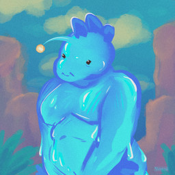 ambiguous_gender anthro anthrofied biped blue_body dot_eyes flesh_fang glistening glistening_body painted_background simple_eyes slightly_chubby slime solo standing vaxhunt slime_rancher slime_rancher_2 angler_slime anglerfish aquatic fish goo_creature 1:1 hi_res