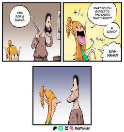 barefoot belt black_eyes black_hair brown_clothing clothing crown dialogue dress duo eyelashes feet female green_clothing green_dress hair headgear humanoid_pointy_ears humor light_body light_skin long_hair male open_mouth orange_hair pink_tongue pointy_ears pointy_nose ponytail razor rope rope_belt shaved simple_eyes simple_face speech_bubble strong_chin tan_body tan_skin text tiara tongue tools merrivius elf_comic elf_(merrivius) human_(merrivius) elf human humanoid mammal comic english_text hi_res
