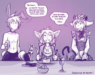 annoyed anthro bow_(feature) bow_tie cake clothed clothed_feral clothing crown cutlery dessert dialogue dress eyes_closed fake_cat_ears fake_ears fake_rabbit_ears female feral food fork glass grin group headgear holding_object ice_cream kitchen_utensils knife maid_uniform male partially_clothed purple_background simple_background smile text tiara tools topless uniform waiter conditional_dnp tom_fischbach twokinds keith_keiser madelyn_adelaide mrs._nibbly trace_legacy basitin human mammal rodent sciurid tree_squirrel 2017 adobe_photoshop_(artwork) digital_media_(artwork) english_text monochrome sketch