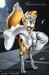 2002 air_vent anthro bandai_namco breasts canid canine chest_tuft city claws clothing digimon digimon_(species) digitigrade dress eyes_closed female fluffy fluffy_tail fur karabiner mammal mane marilyn_monroe markings open_mouth paper renamon solo tail the_seven_year_itch tongue tuft white_body white_fur wind wind_lift yellow_body yellow_fur
