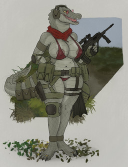 anthro areola bra breasts clothing elbow_pads electronics female gun headphones holding_gun holding_object holding_ranged_weapon holding_weapon knee_pads panties pouches ranged_weapon solo steyr_aug underwear weapon derpwolfy18971 steyr_arms tanah_(derpwolfy18971) crocodile crocodilian reptile scalie hi_res