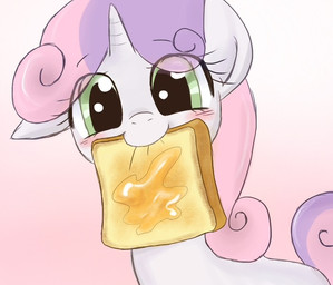 blush bread butter dairy_products eyebrows eyelashes female feral food fur green_eyes hair horn looking_at_viewer mouth_hold multicolored_hair pink_hair purple_hair simple_background smile solo toast two_tone_hair white_body white_fur young young_feral yubi-note friendship_is_magic hasbro my_little_pony mythology sweetie_belle_(mlp) equid equine mammal mythological_creature mythological_equine unicorn 2012 archived_source